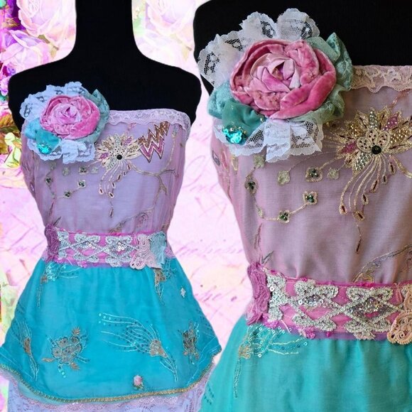 Handmade Tube Top Embroidered Sequins Flowers Vintage Romantic Blouse - Picture 1 of 13